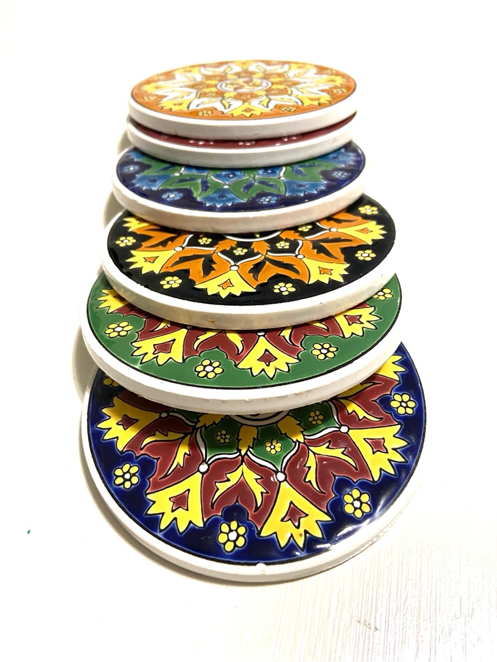 Nassos Keramik Hand-Painted Floral Ceramic Coasters Set